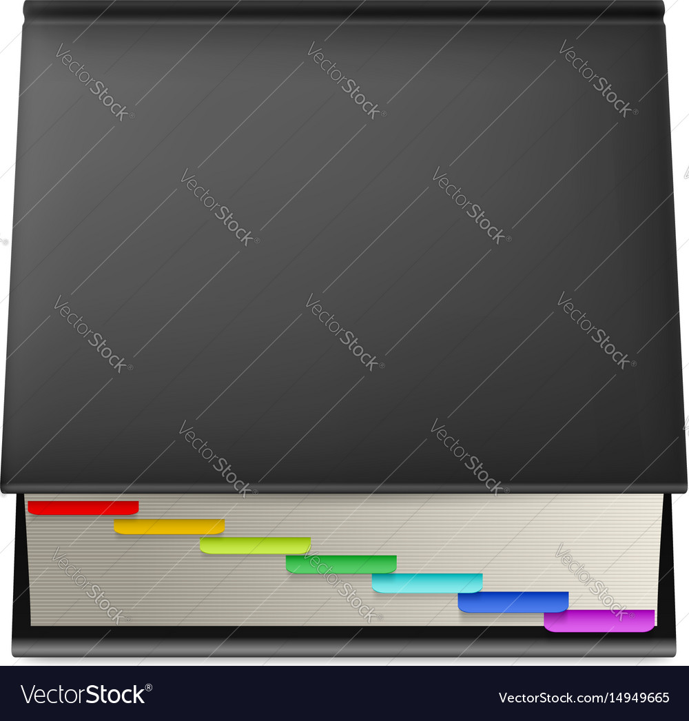 Black notebook with colorful markers isolated