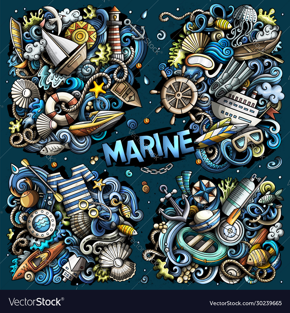 Doodles cartoon set marine combinations Royalty Free Vector