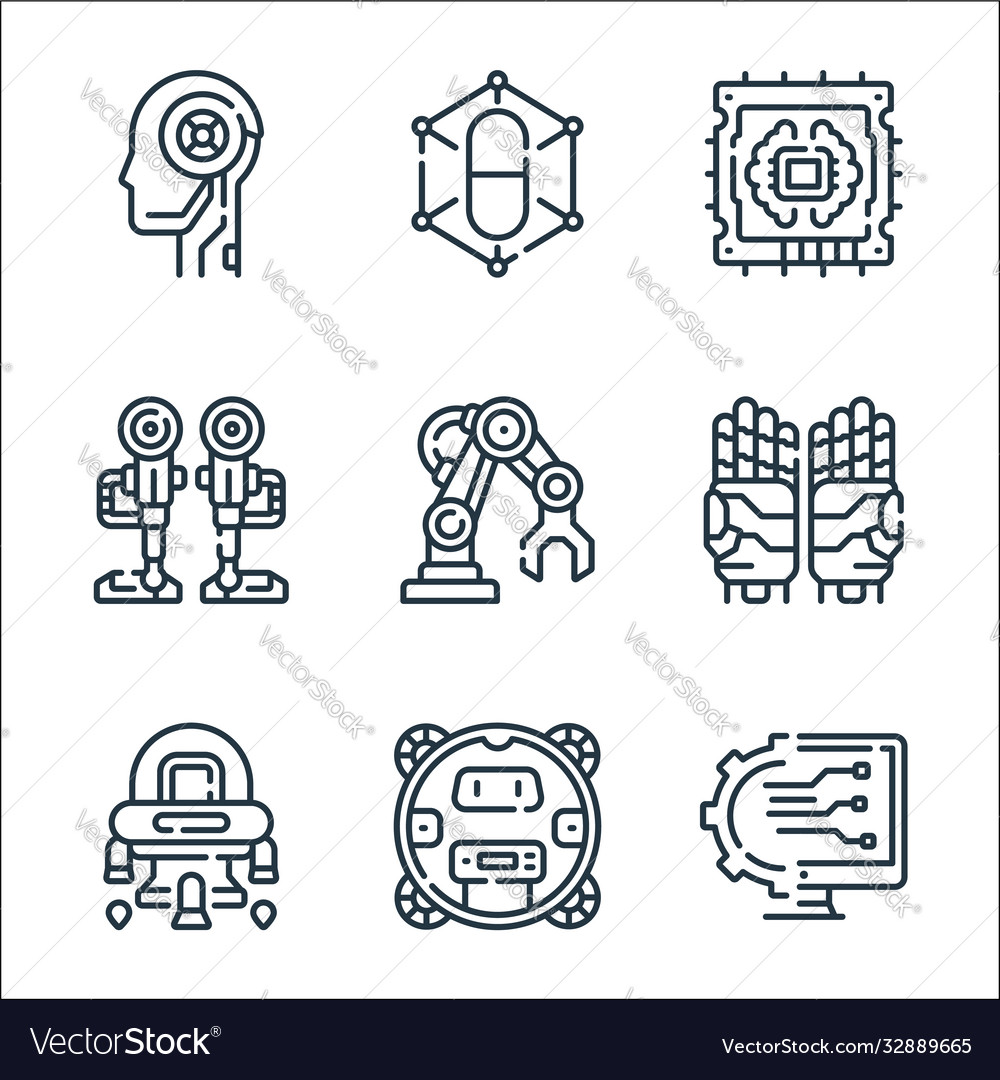 Robotics line icons linear set quality vector image Robotics line icons linear set quality