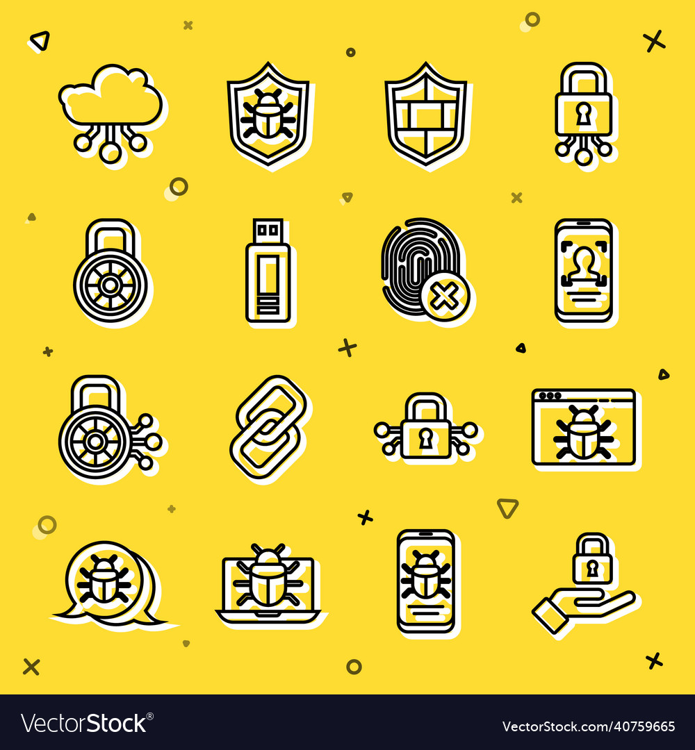 Set line lock in hand system bug mobile face vector image Set line lock in hand system bug mobile face