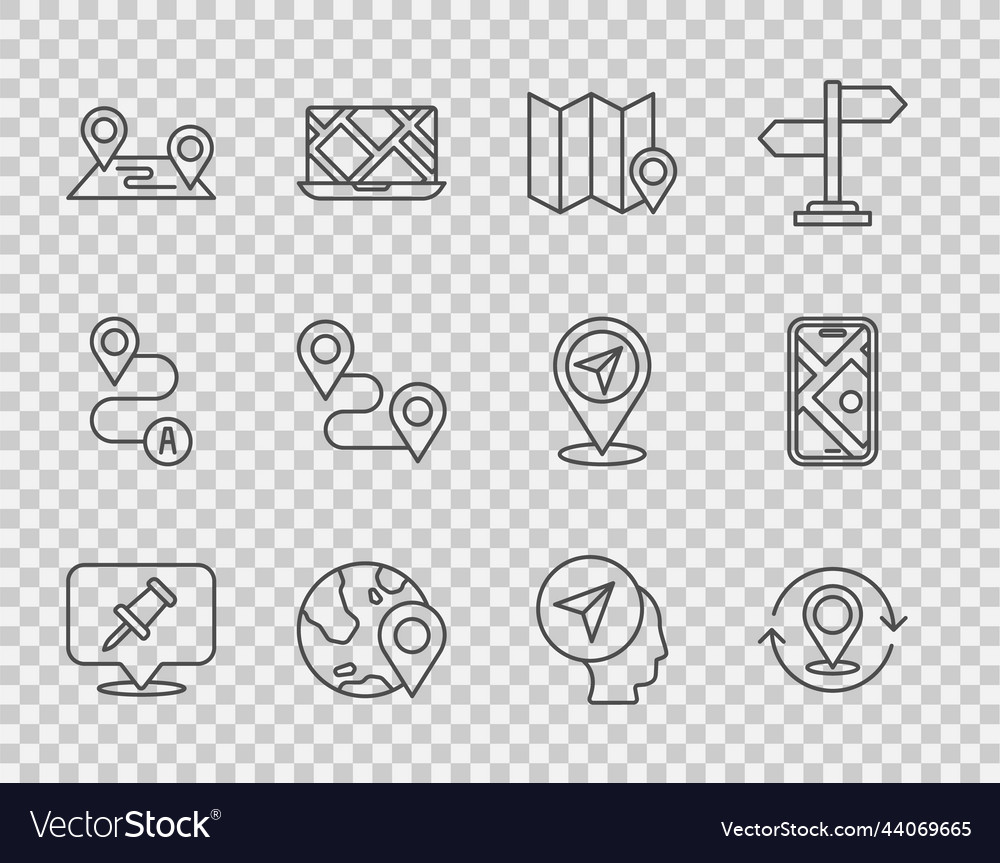 Set line push pin map folded with location vector image Set line push pin map folded with location