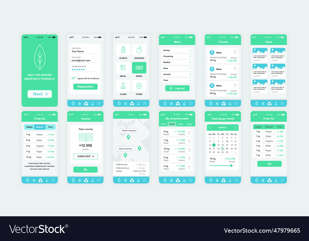 Set of ui ux gui screens ecology app flat design