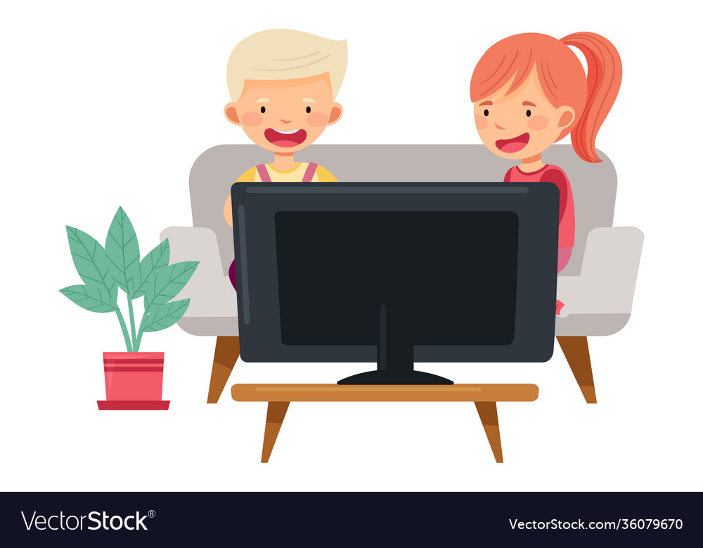 Cute girl and boy sitting with gamepad on sofa Vector Image