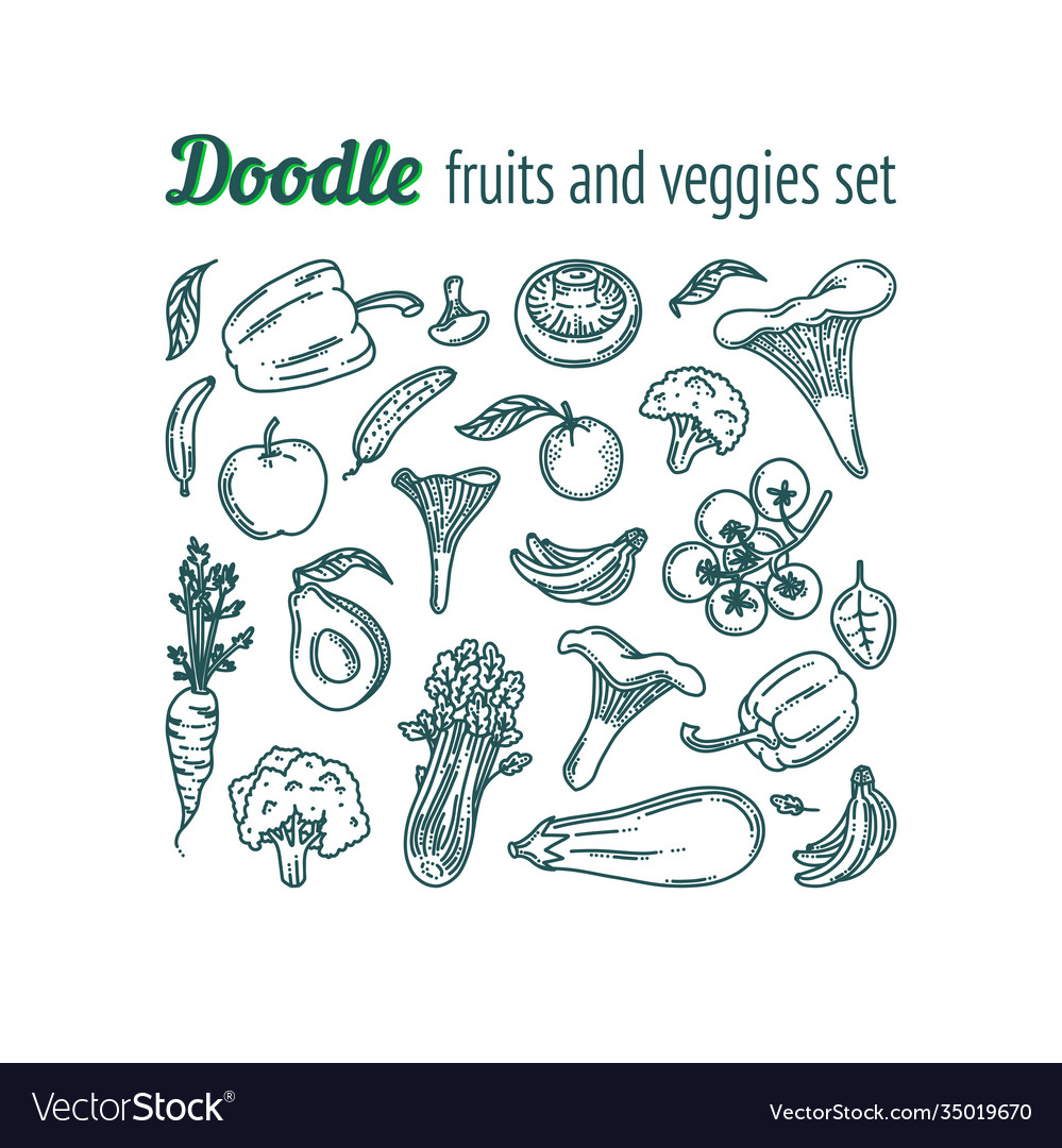 Fruits and vegetables doodle set food collection