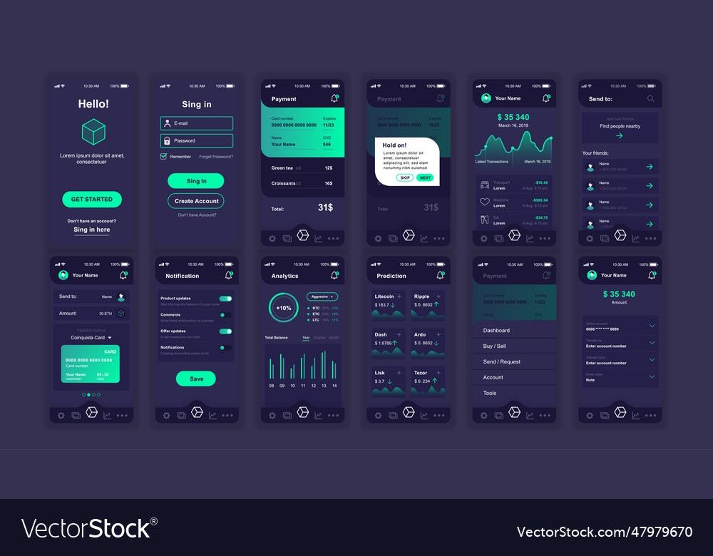 Set of ui ux gui screens cryptocurrency app flat