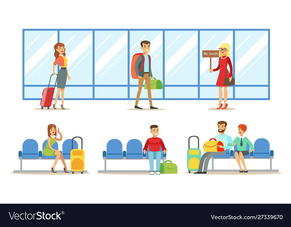 Travelling people in airport set passengers