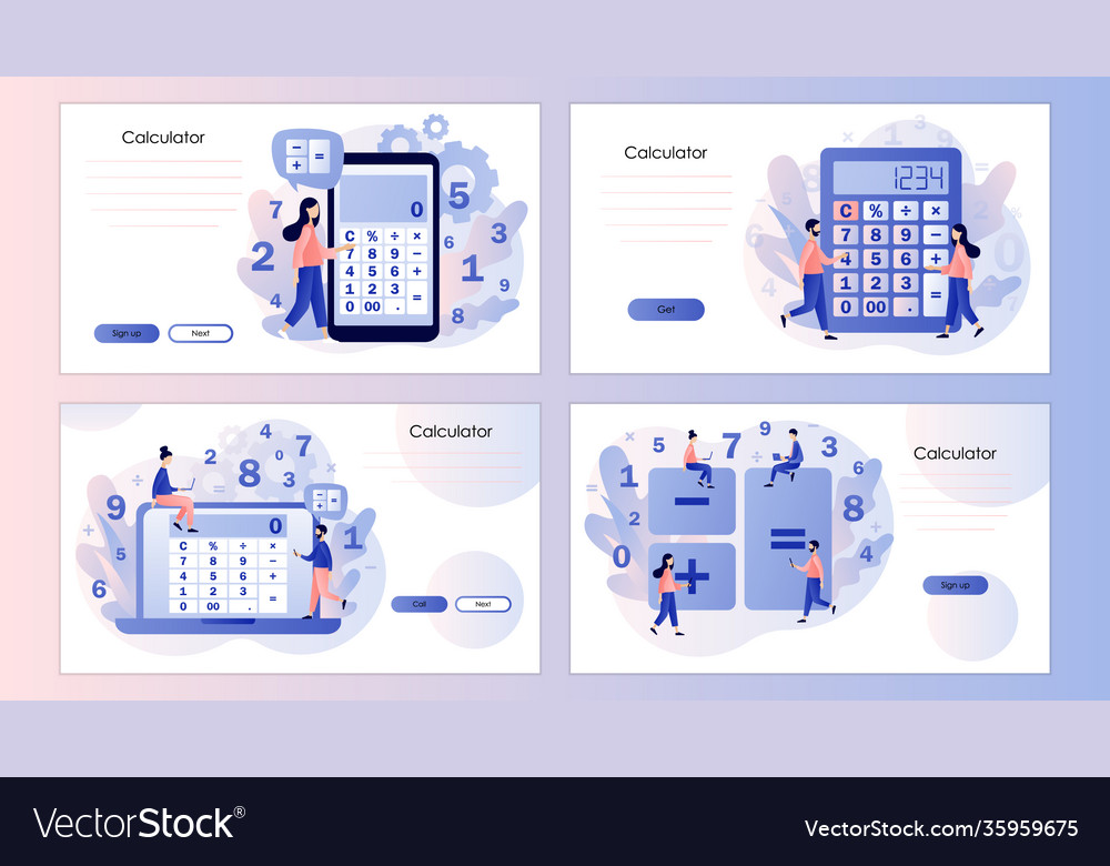 Calculator app tiny people with calculating vector image Calculator app tiny people with calculating
