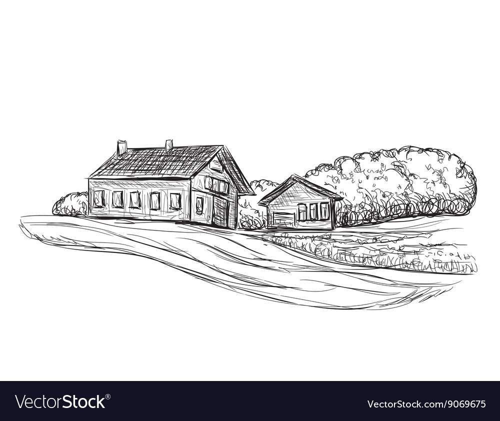 Landscape with fields and building sketch