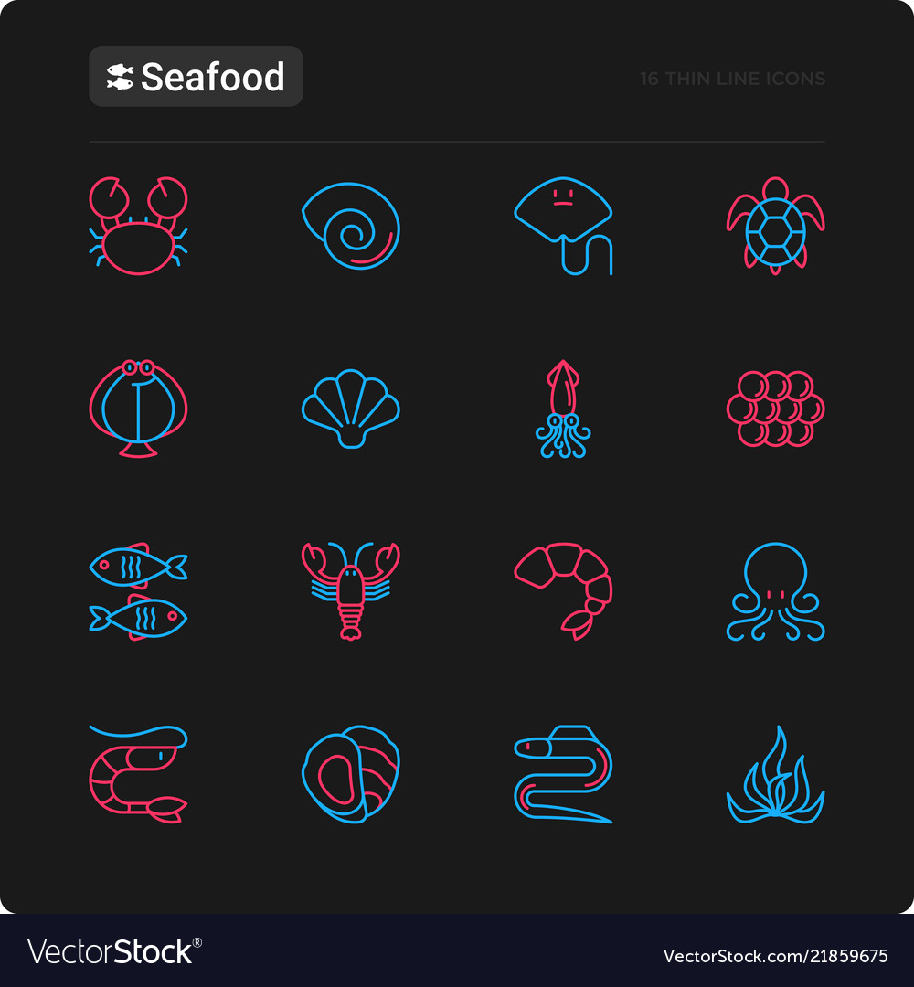 Seafood thin line icons set