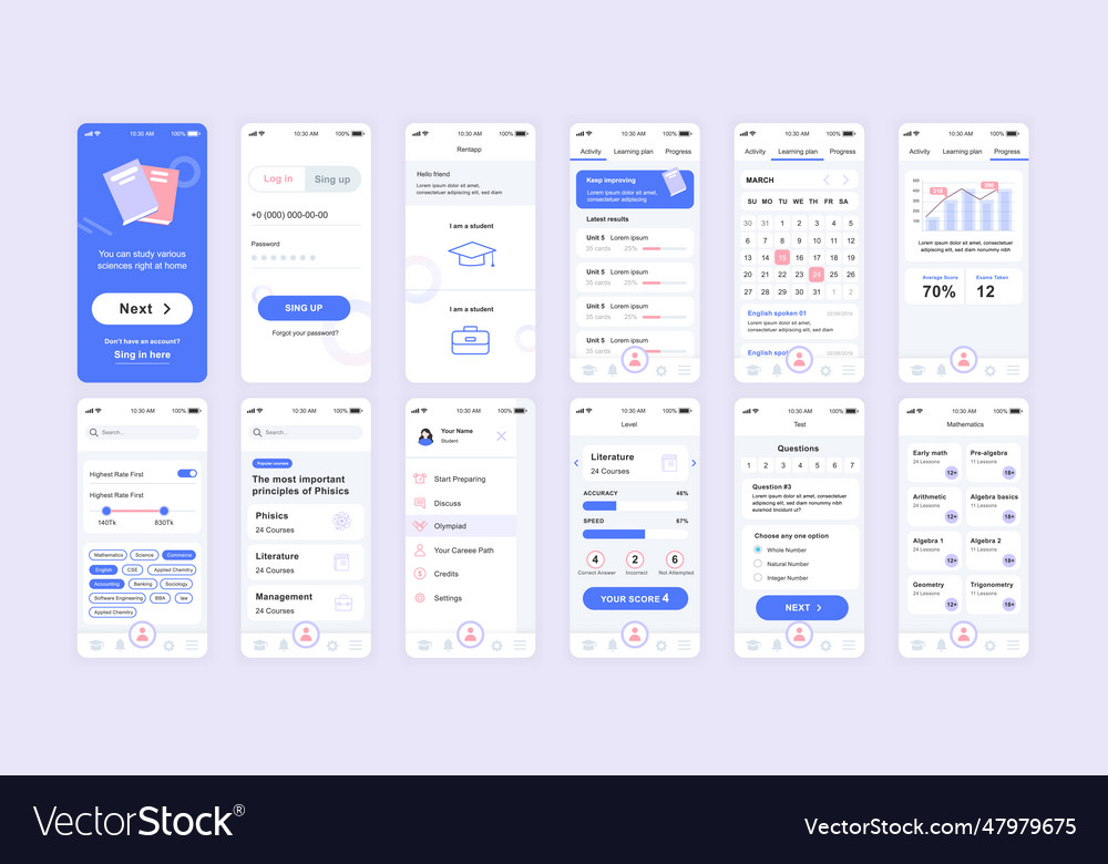 Set of ui ux gui screens education app flat Vector Image