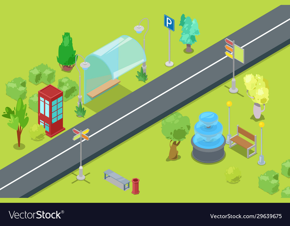 Urban park and road isometric view for leisure