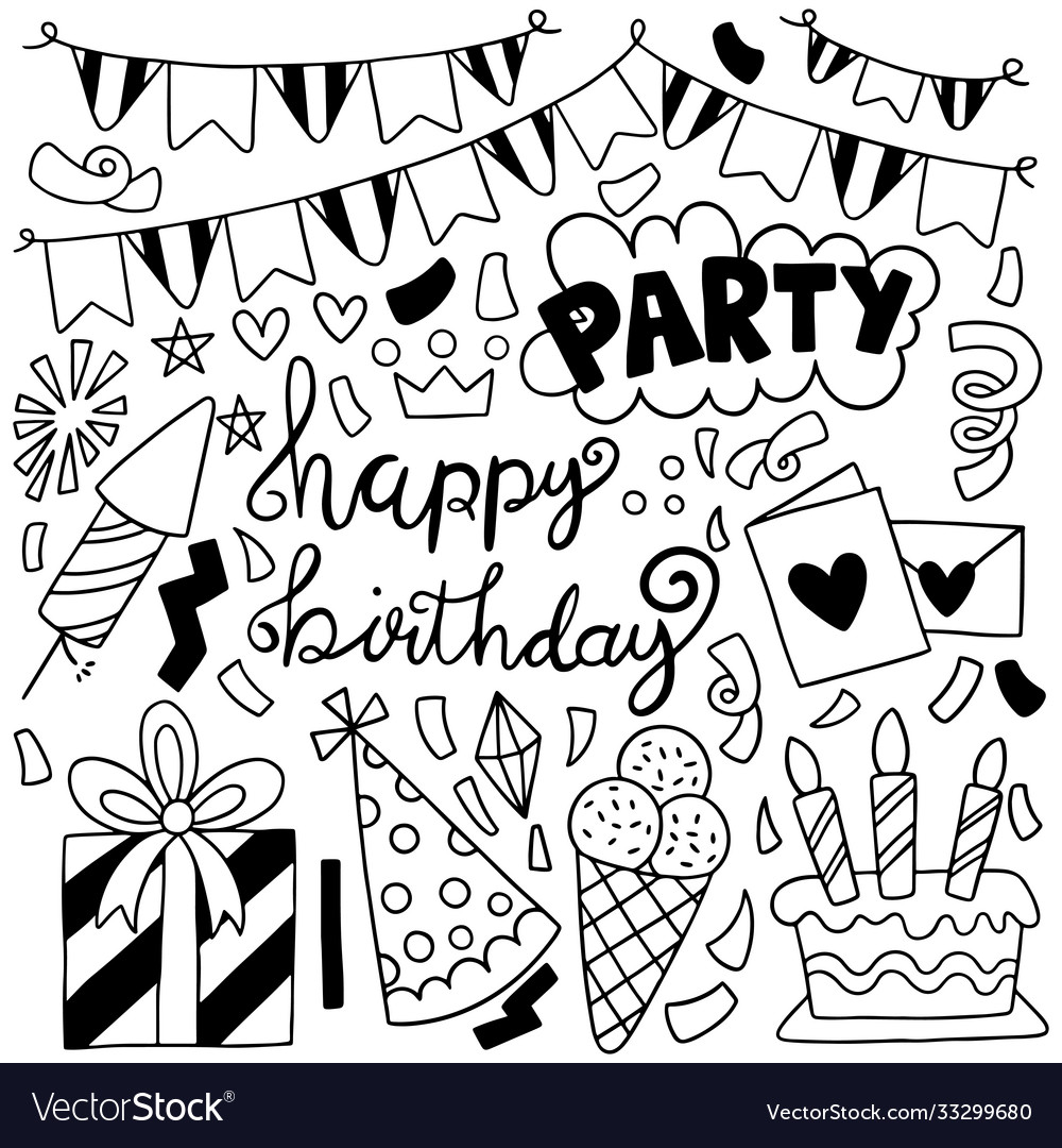 07-09-041 hand drawn party doodle happy birthday Vector Image