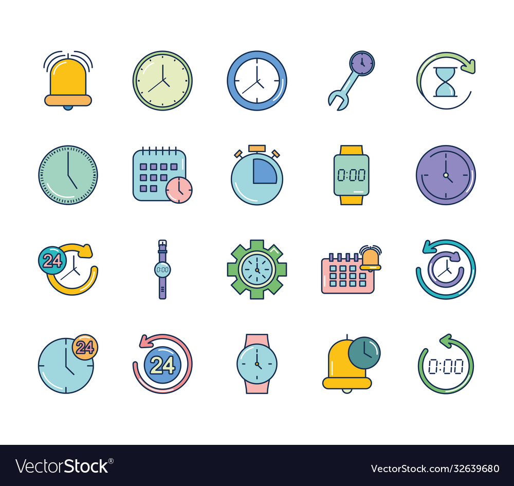 Bell and time icon set line fill style