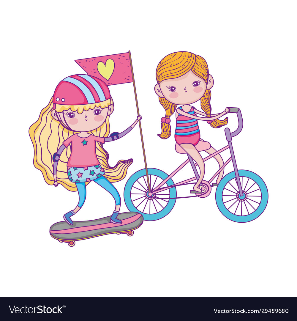 Happy children day cute girls riding bike