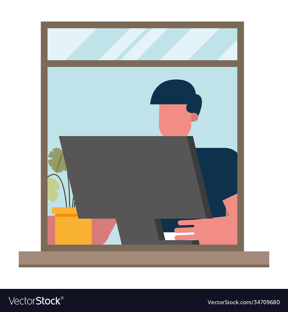 Man with computer working from home window