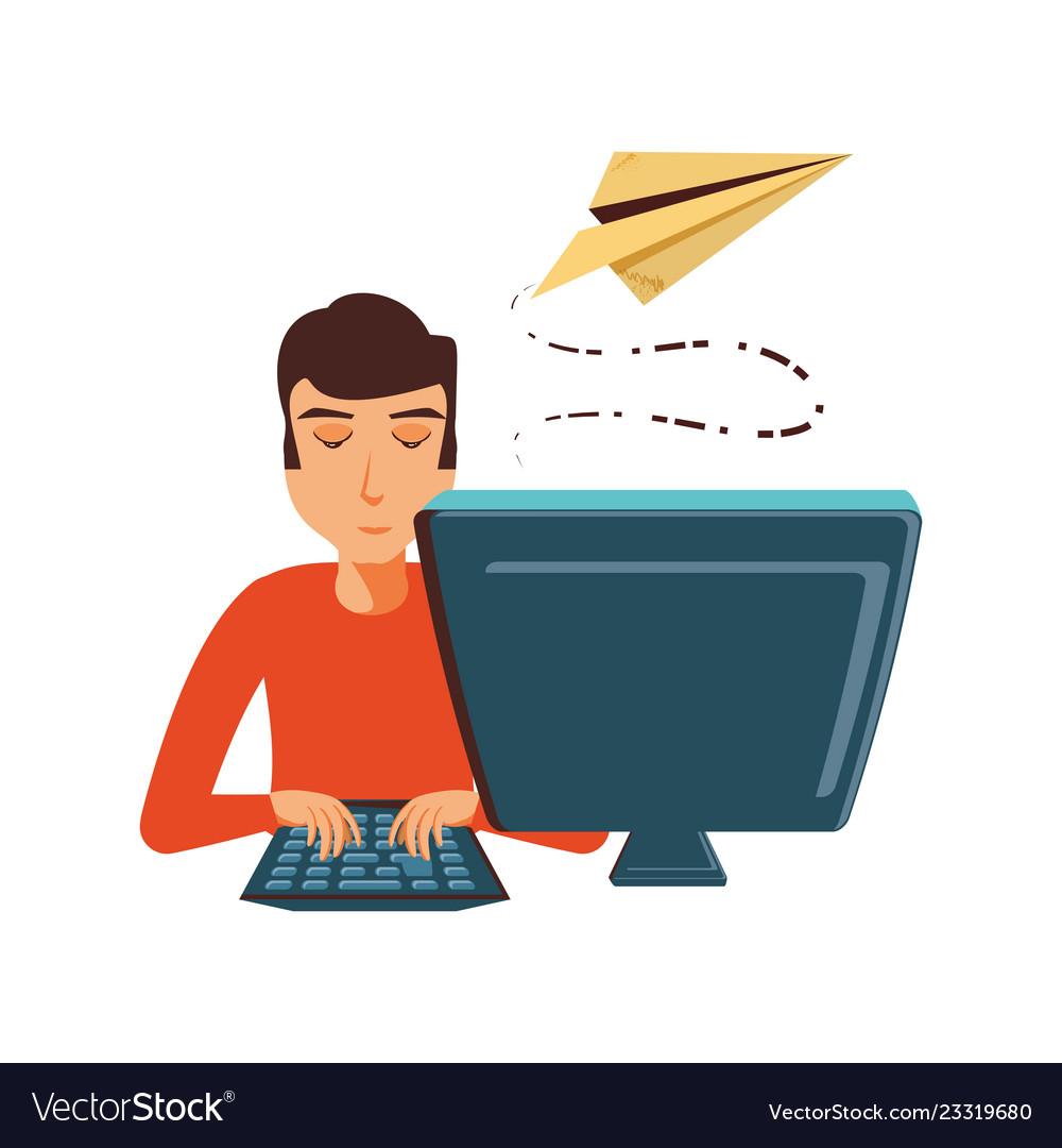 Man with desktop computer and airplane paper