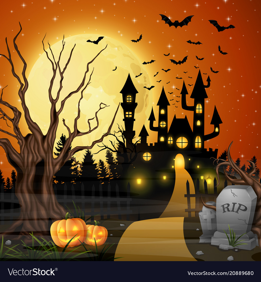 Scary castle with pumpkins and bats in the woods Vector Image