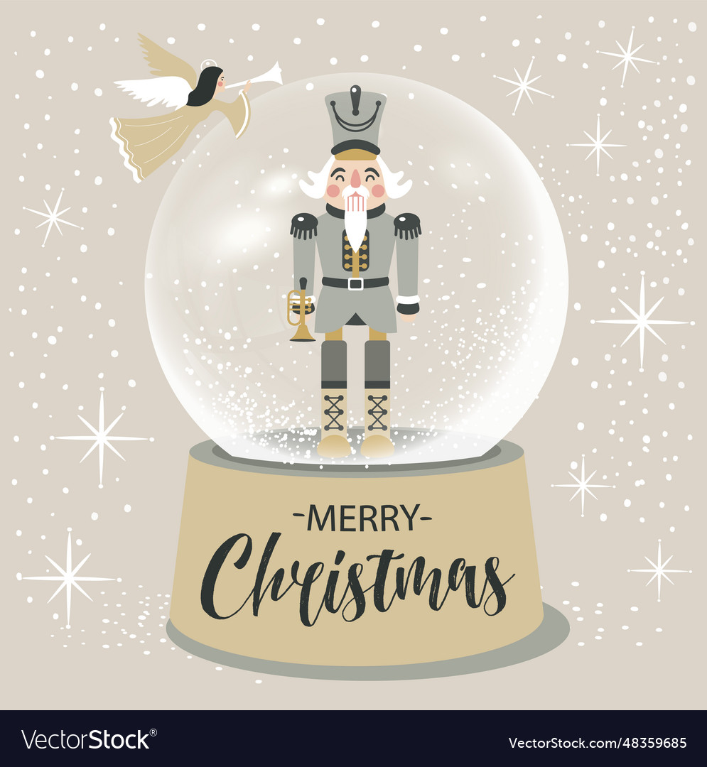 Christmas nutcracker in snow glass globe Vector Image