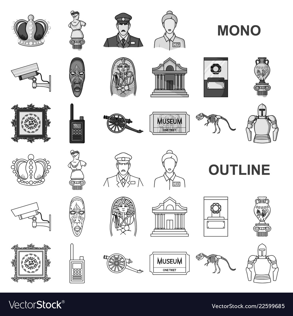 Museum and gallery monochrom icons in set