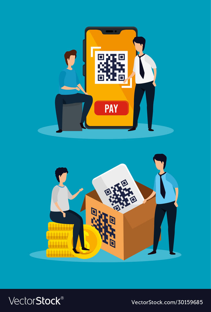 Scenes men with code qr and icons vector image Scenes men with code qr and icons