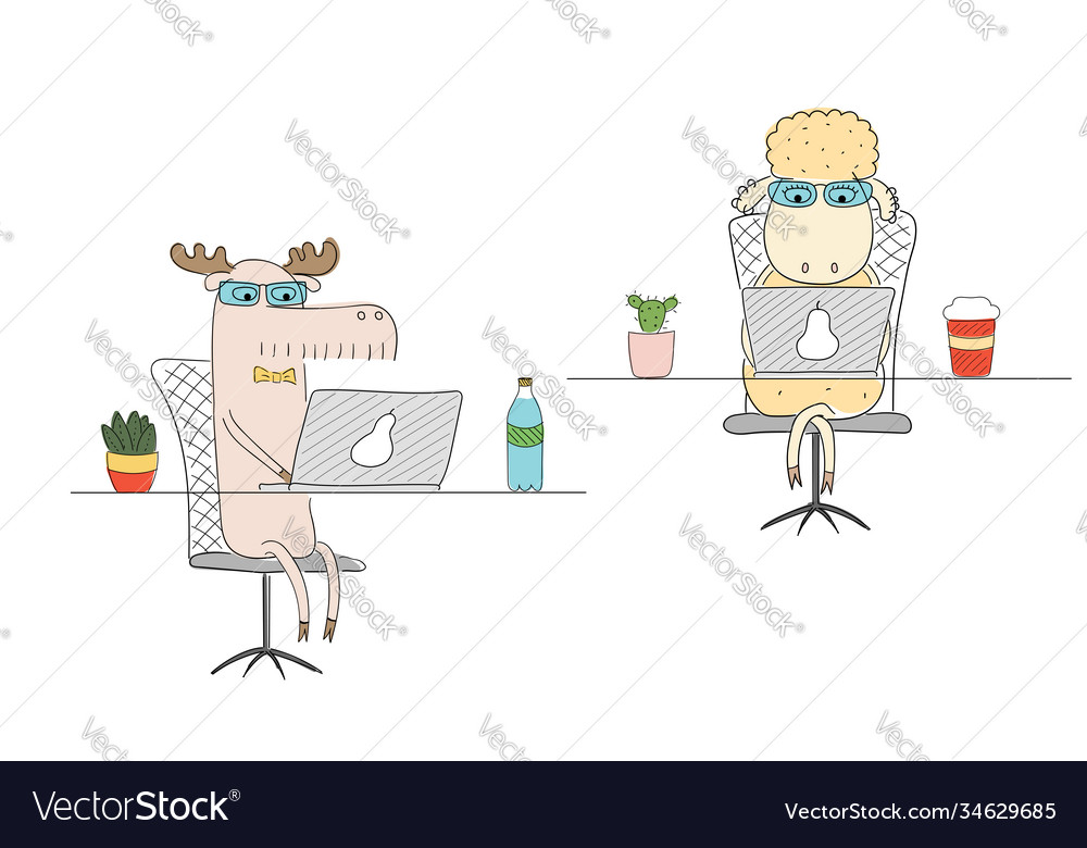 Sheep and moose working in an office Royalty Free Vector