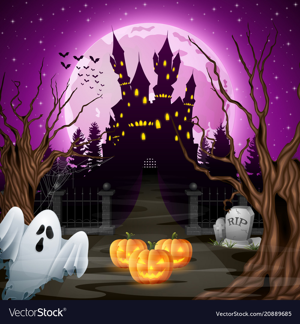 Spooky Castle with Ghosts and Pumpkins