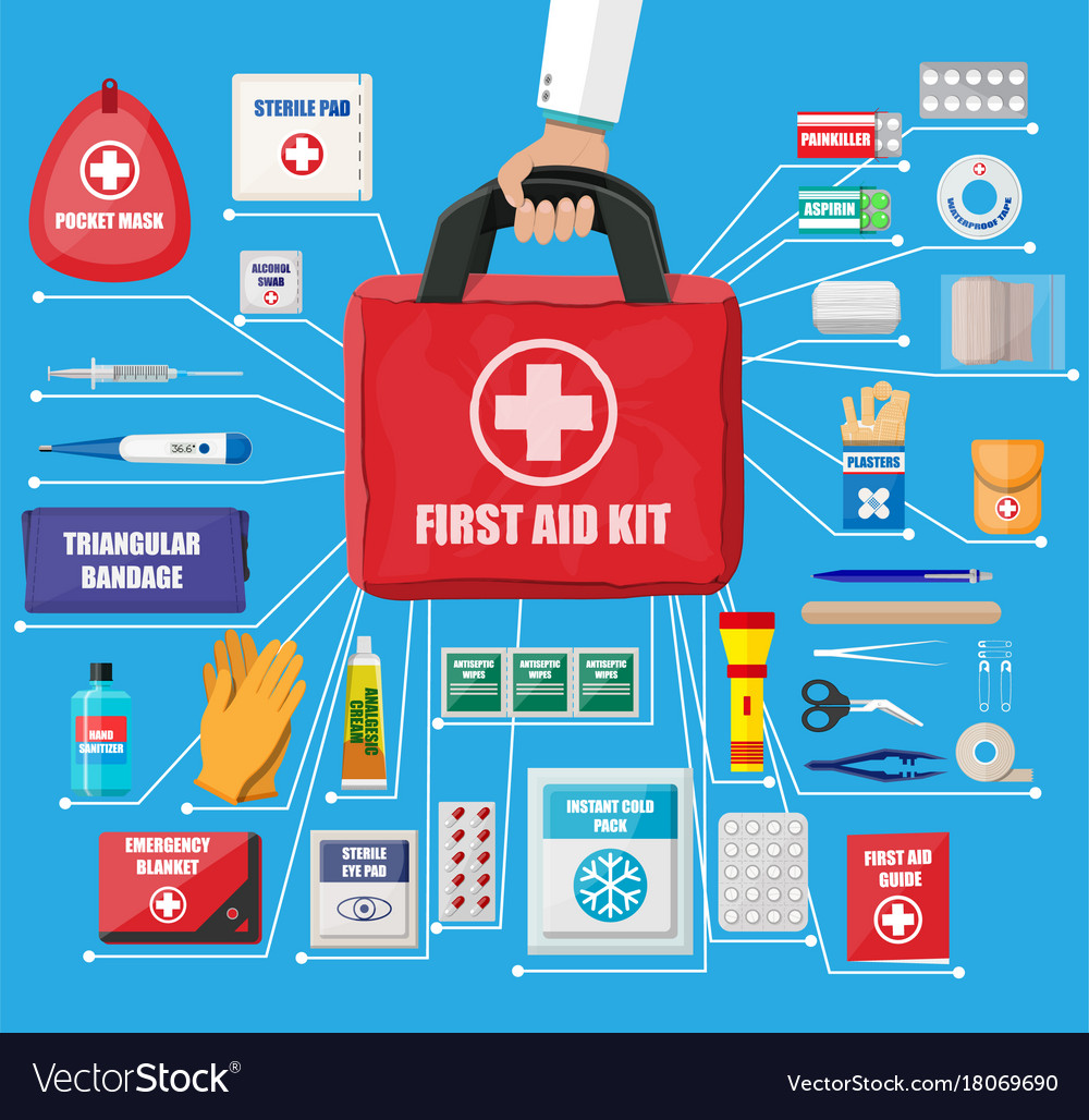 First aid kit with medical equipment Royalty Free Vector