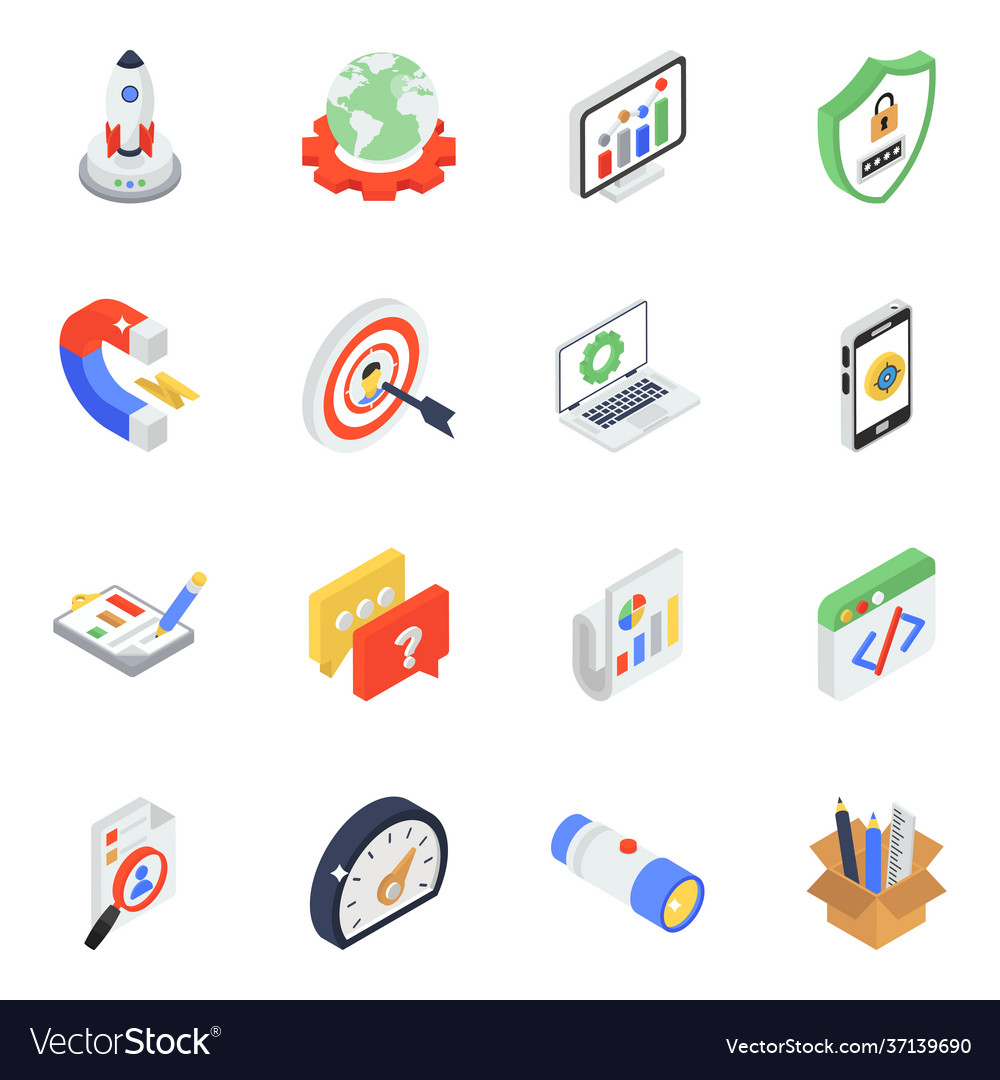 Pack seo data isometric icons Royalty Free Vector Image