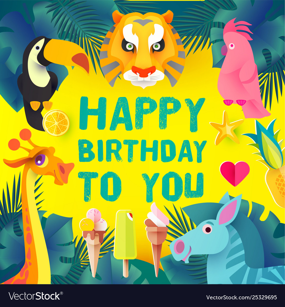 Children birthday design template exotic jungle vector image Children birthday design template exotic jungle