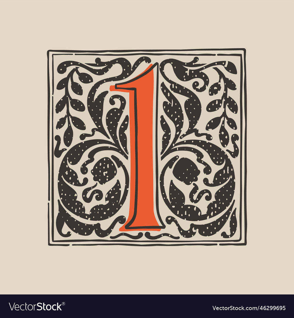 Number one drop cap logo in medieval engraving Vector Image