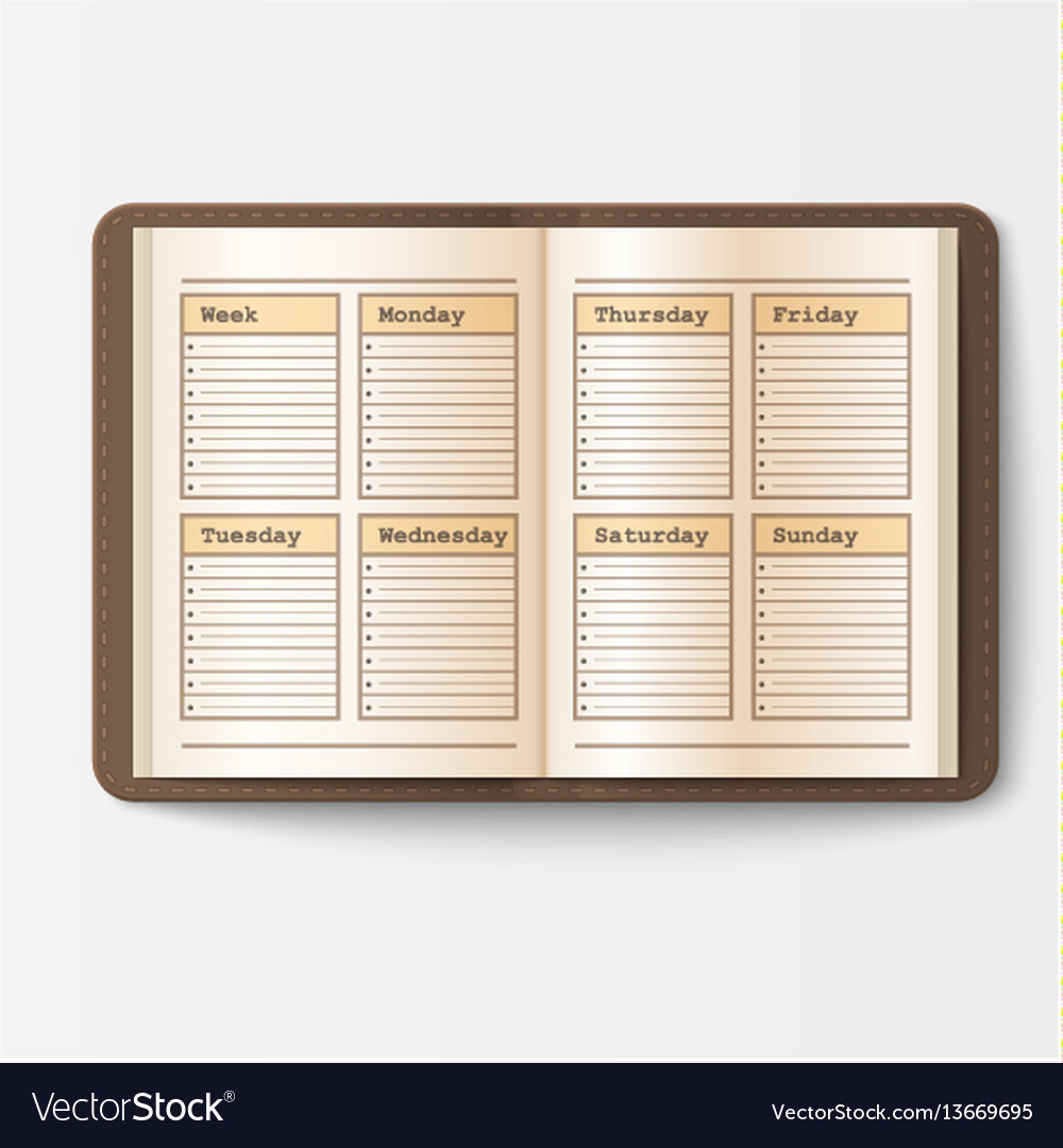 Open realistic notebook with pages diary office vector image Open realistic notebook with pages diary office
