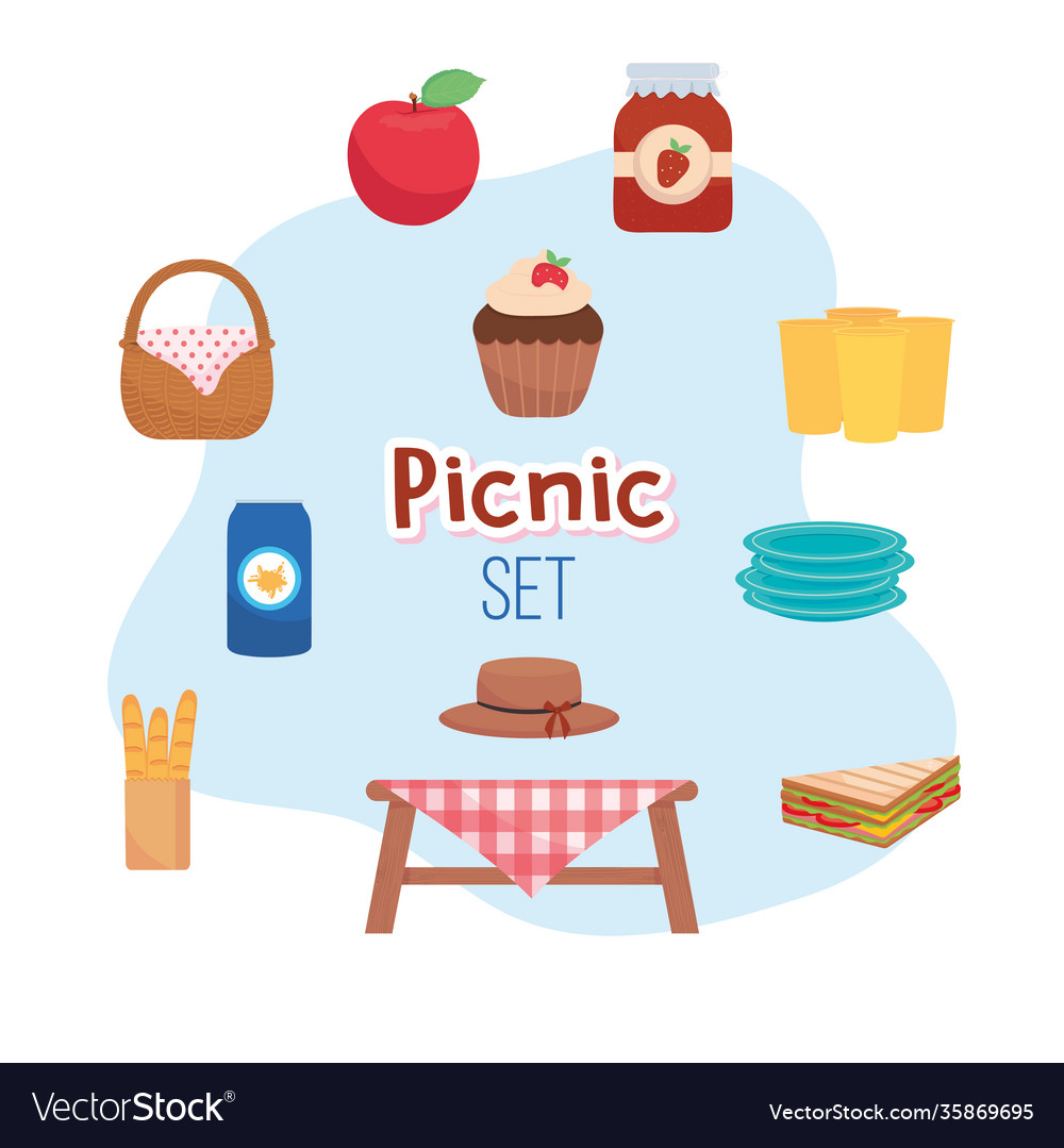Picnic table and icon set design Royalty Free Vector Image