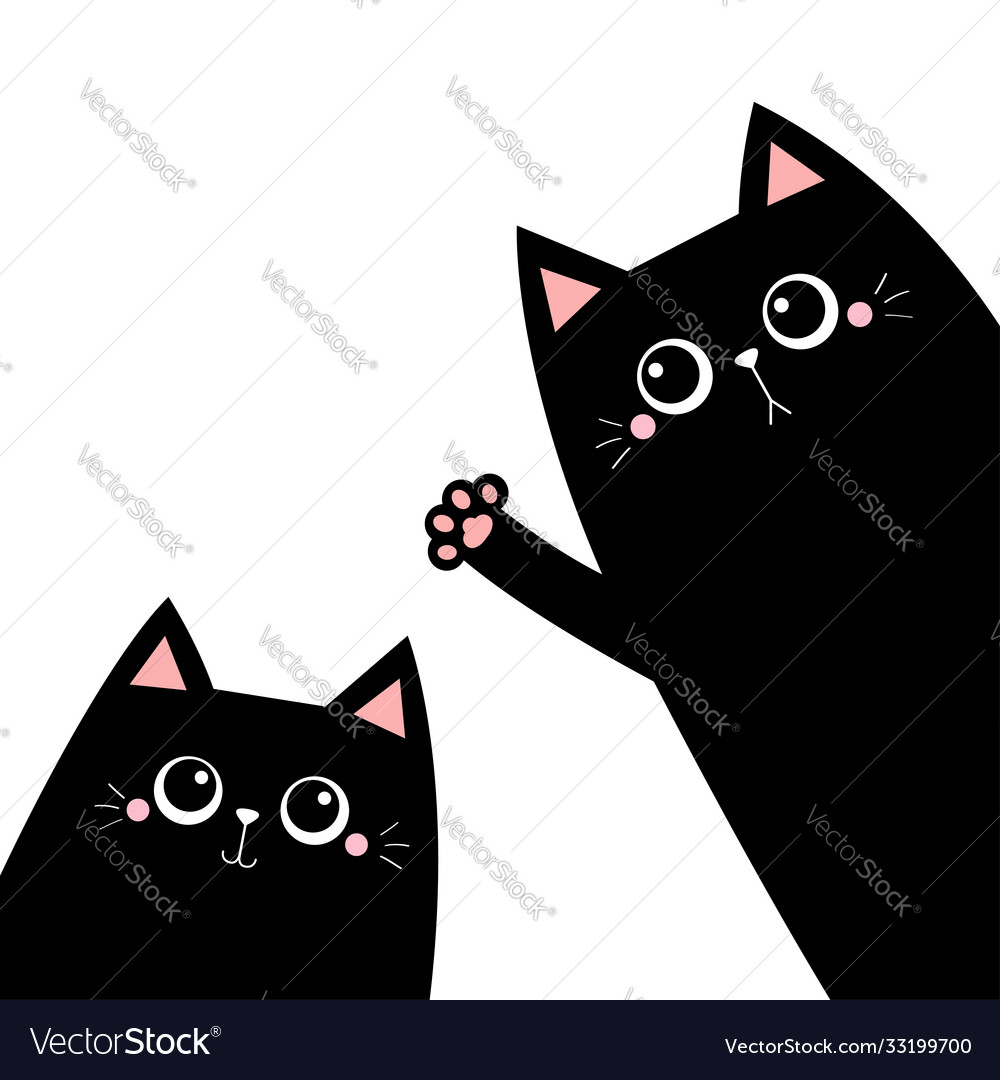 Cat set black silhouette waving hand pink paw