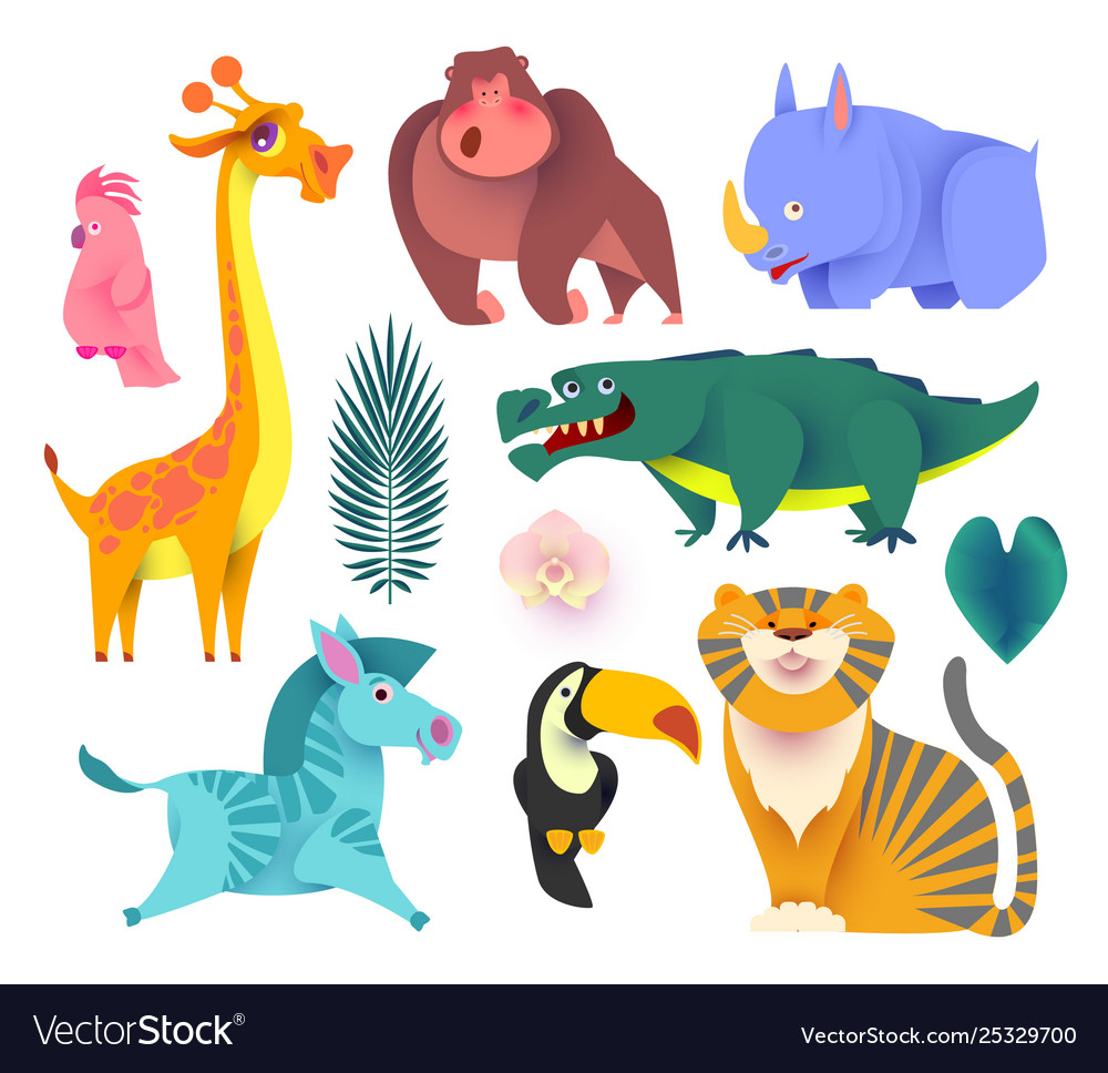 Cute jungle animals set exptic wild collection Vector Image