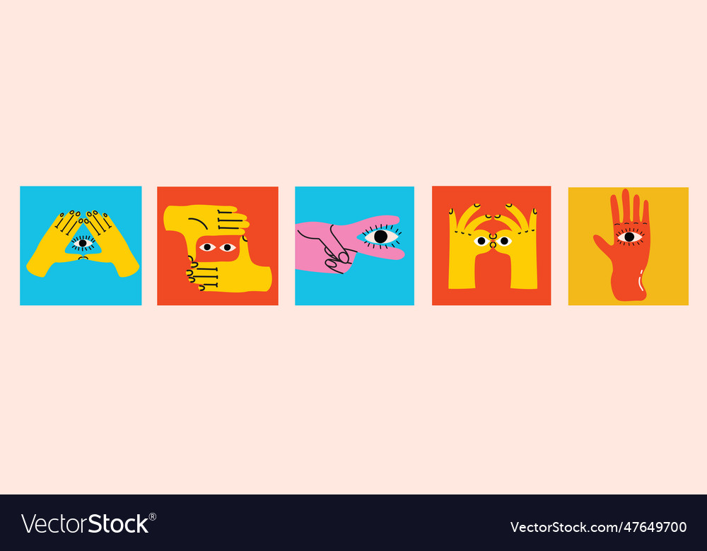 Groovy hippie set of colorful hands with different