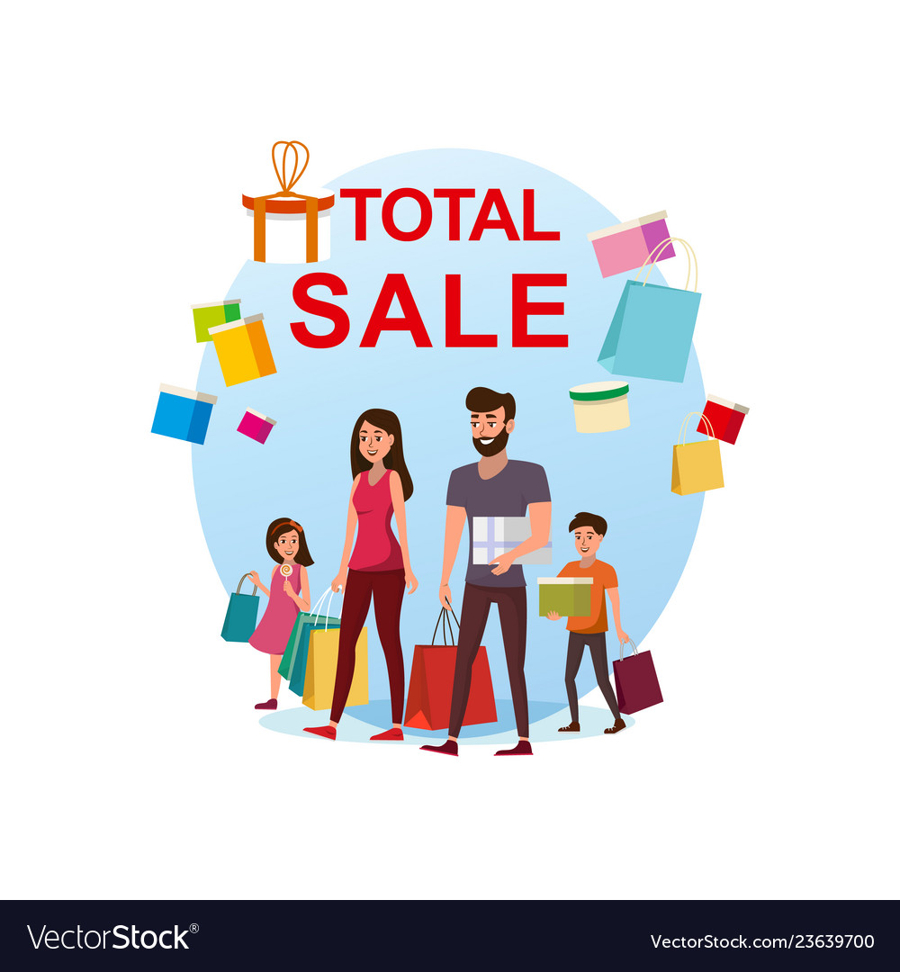 Happy family shopping on total sale flat