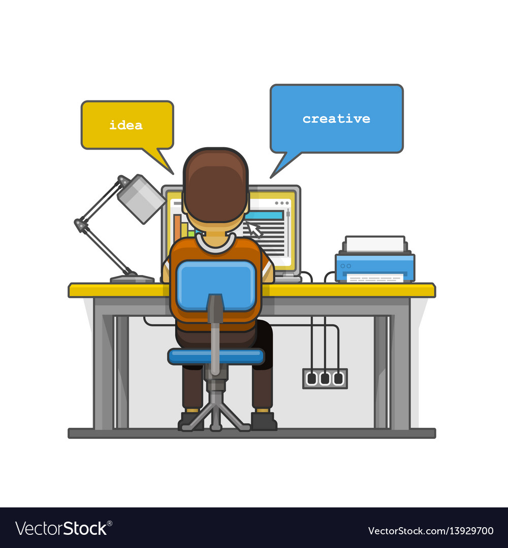 Man sitting at desktop and working on the computer vector image Man sitting at desktop and working on the computer