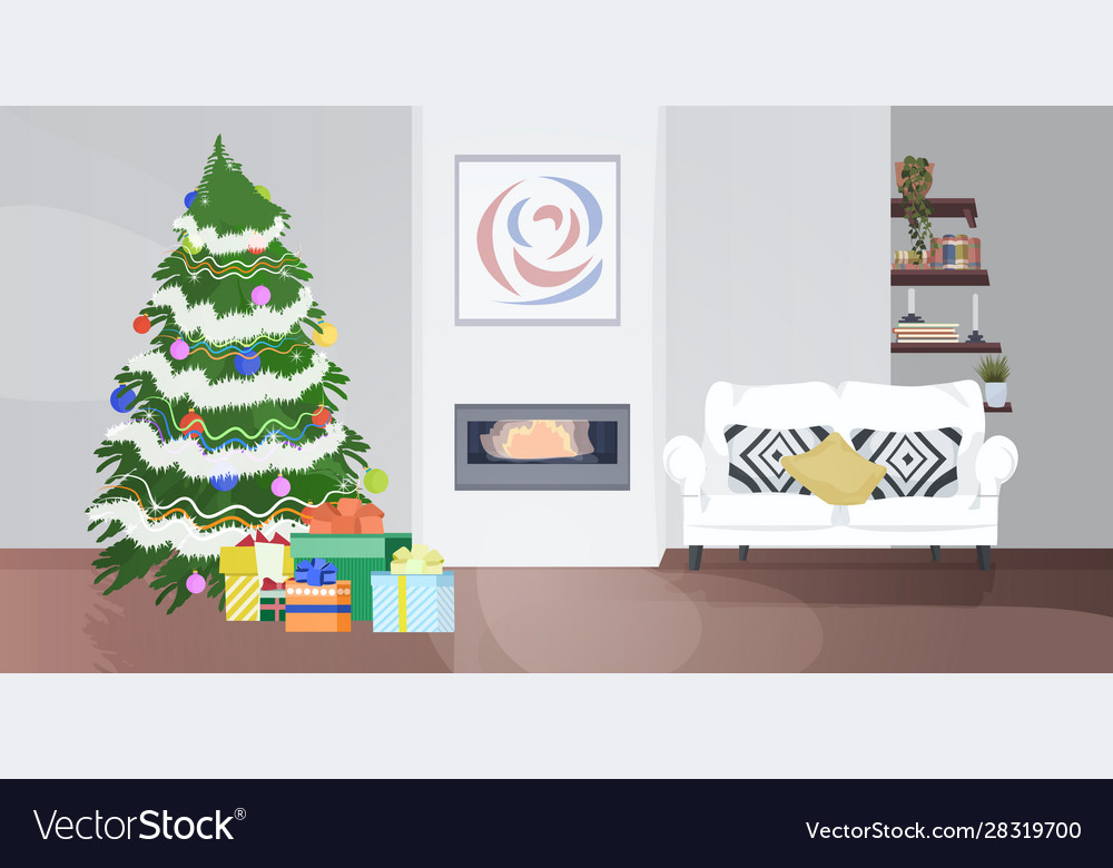 Modern living room with fireplace fir tree