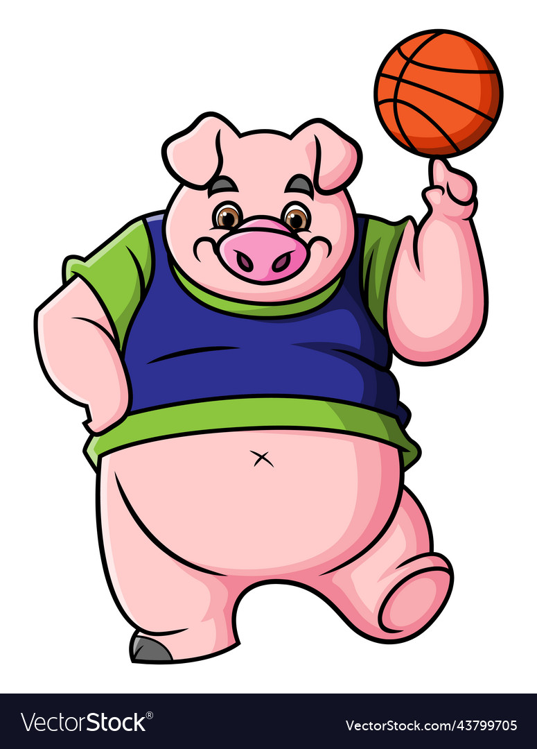 Cute pig is playing a basketball and doing trick