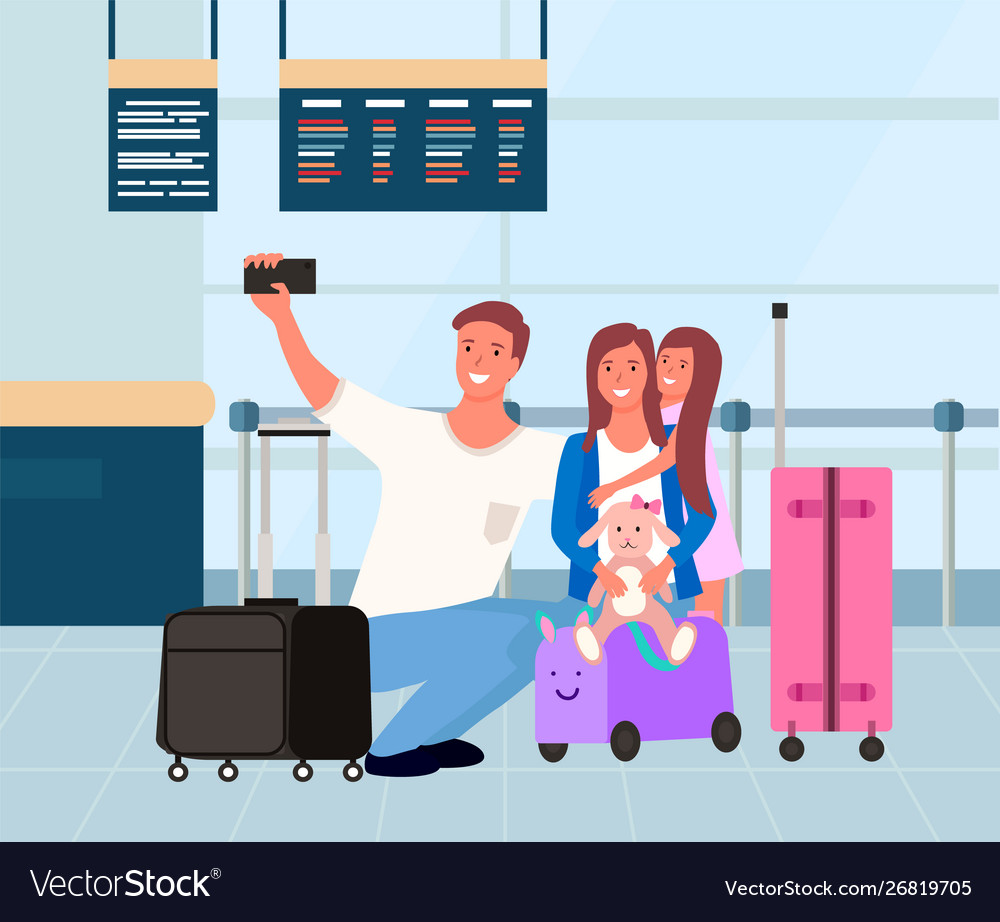 Family in airport traveler taking selfie Vector Image