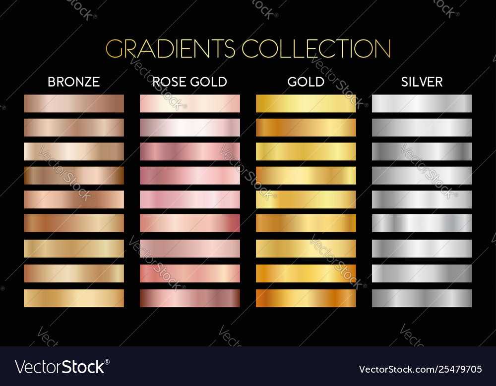 Gold silver bronze metal gradient collection vector image Gold silver bronze metal gradient collection