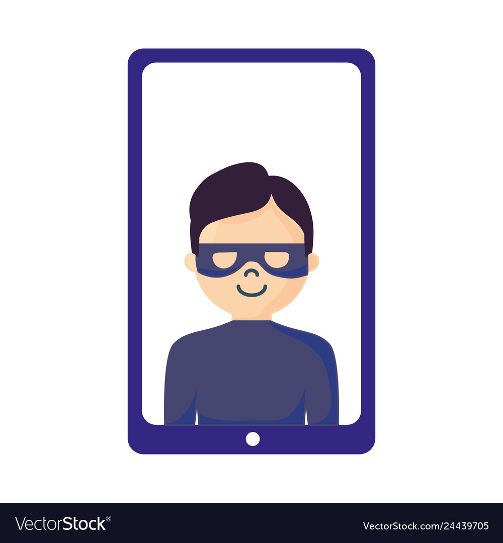 Mobile hacker character on white background
