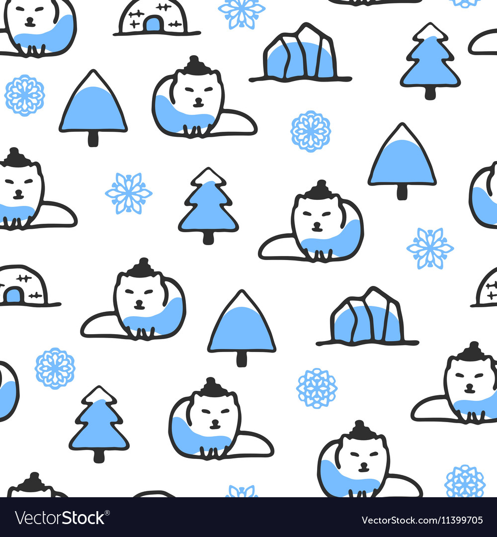 Seamless pattern with cute doodle arctic fox