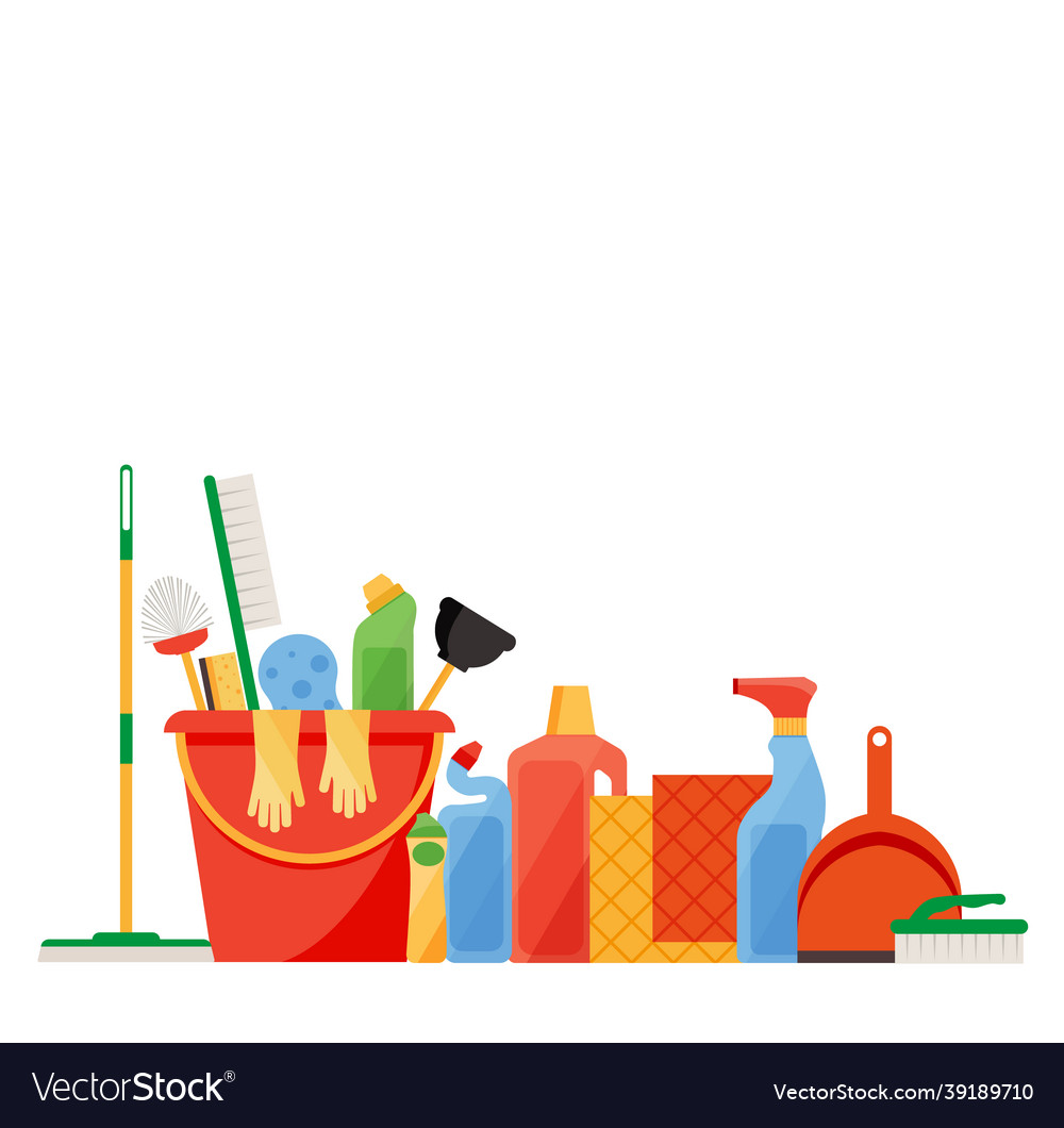 Assorted cleaning items set with brooms bucket
