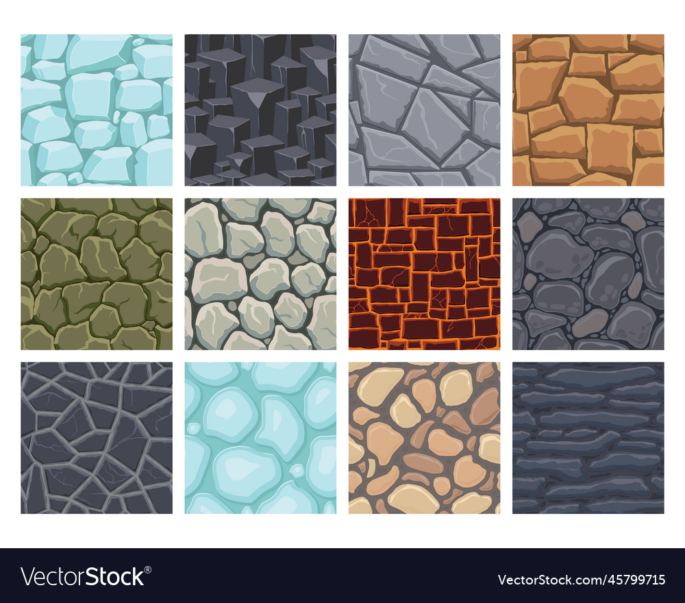 Cartoon game textures lava ice rocks and brick