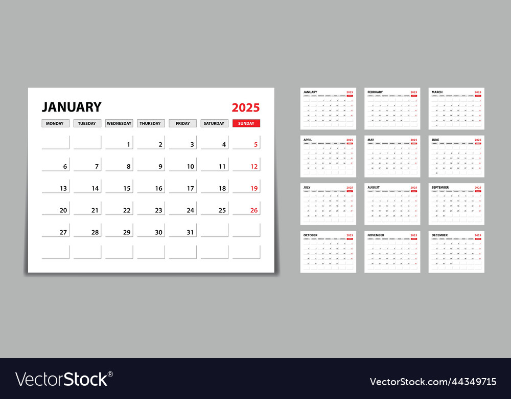 Desk calendar 2025 set monthly template Royalty Free Vector