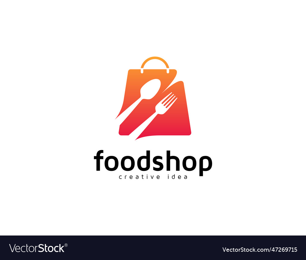 Food shop logo with fork spoon and shopping bag Vector Image