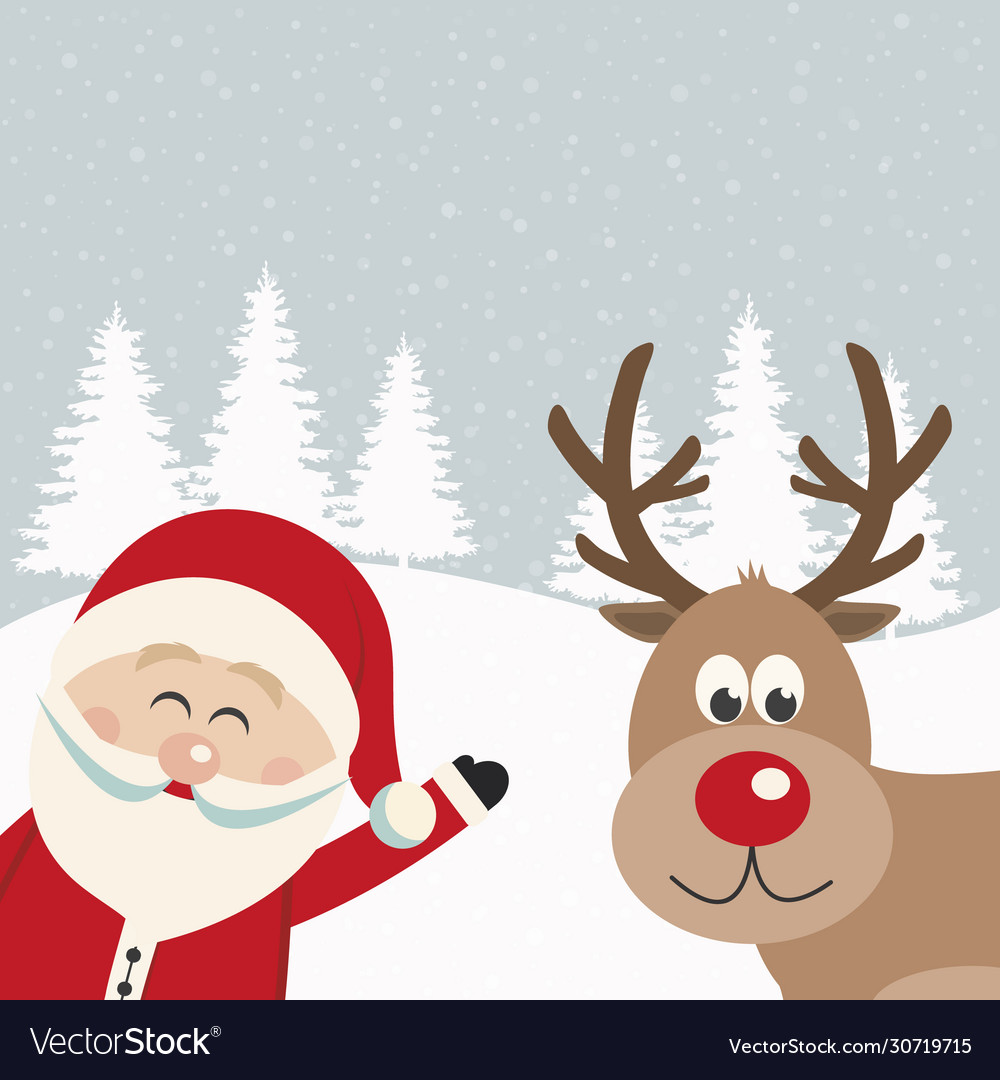 Santa claus and reindeer snowy background