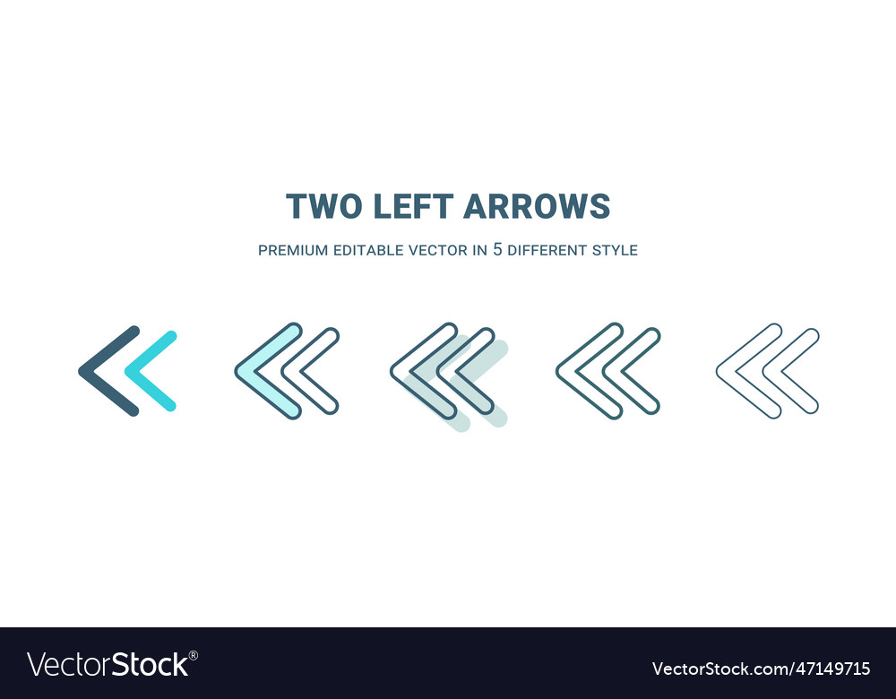 Two left arrows icon in 5 different style outline vector image Two left arrows icon in 5 different style outline