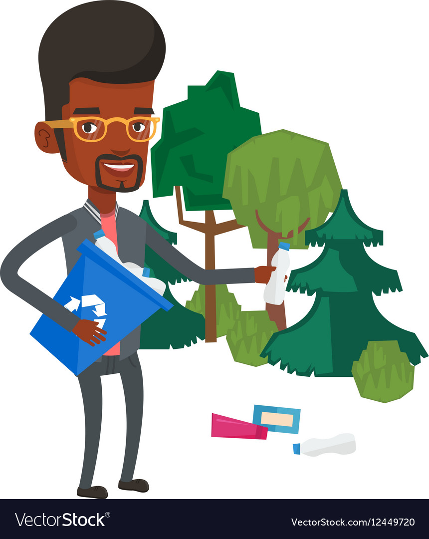 Man collecting garbage in forest